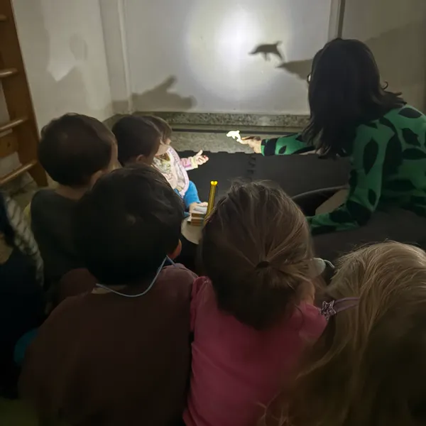 Niños mirando sombras con linterna